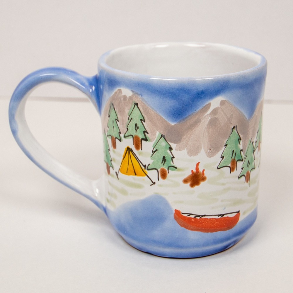 Vintage Hand Painted Studio Pottery Camping Mug Canoe Tent Campfire Signed